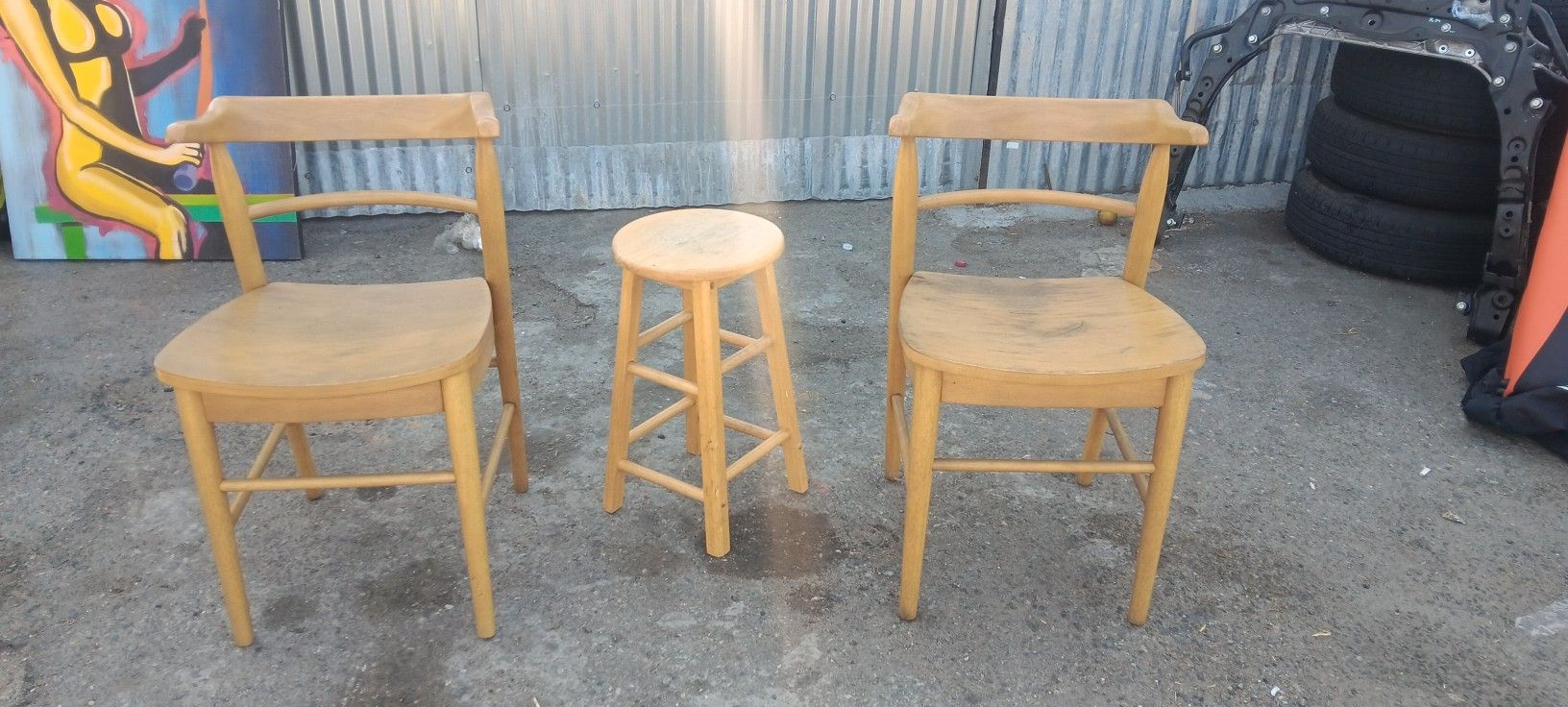 2 Wooden Chairs And 1 Stool