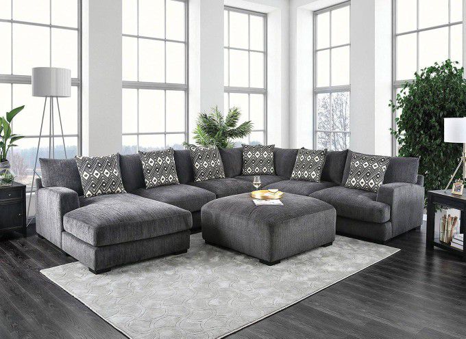 Kaylee U Shaped Sectional Sofa Couch With Ottoman Gray Fabric 