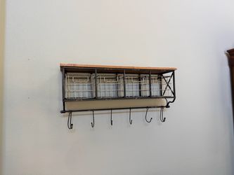Wall Shelf with Wire Baskets and Hooks