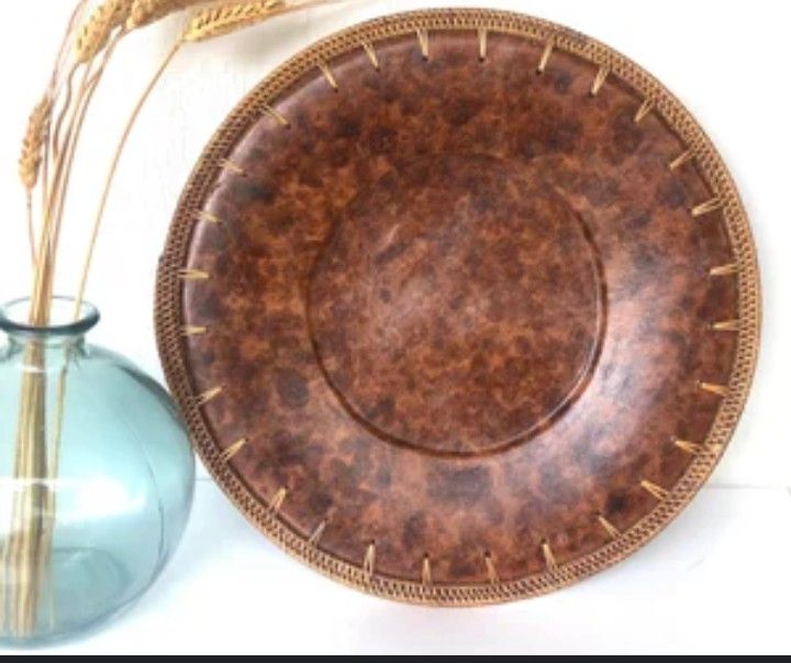 Large decorative plate charger faux brown leather ceramic plate with wicker rim