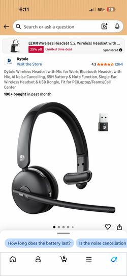 Dytole Wireless Headset with Mic for Work, Bluetooth Headset with Mic, Al Noise Cancelling, 65H Battery & Mute Function, Single-Ear Wireless Headset &