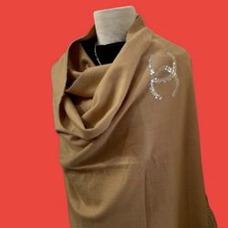 Chanel Promotional Tan Cashmere Long Scarf With Sequin CC
