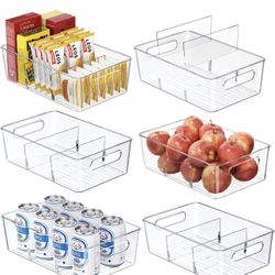 New 6 Pack Pantry Organizers and Storage,Clear Plastic Containers with 2 Dividers for Kitchen,Fridge Organization and Storage,Acrylic Bins for Pounche