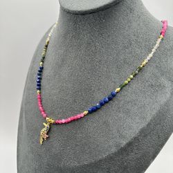 Multicolored tourmaline and azure stone necklace, toucan bird pendant 14k gold plated clasp, 18" length, tropical color pink, green blue gem