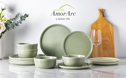 AmorArc Stoneware Dinnerware Sets, Wavy Rim Ceramic Plates and Bowls 12 Pc Set