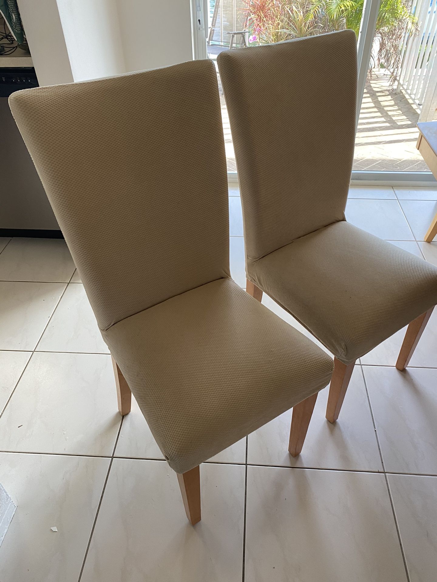 6 dining chairs + covers- light wood