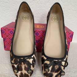 Tory Burch Laila Driver Ballet Leopard Calf Hair Flats Square Toe Bow  Size 7.5