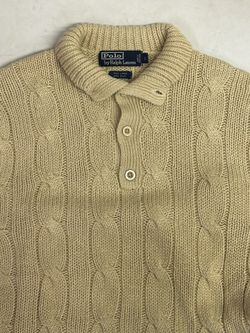 VTG Polo Ralph Lauren Sweater Mens Size XL Beige Silk Cable Knit 1/4 Button