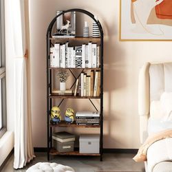 5-Tier Bookshelf, 24 Inch Width Industrial Arched Bookcase, Vintage Storage Rack with Open Shelves