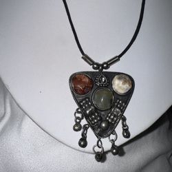 VINTAGE FUNKY HIPPY BOHO AGATE REAL STONES TEAR DROP SHAPE DROP DANGLE FRINGE NECKLACE, 18" 