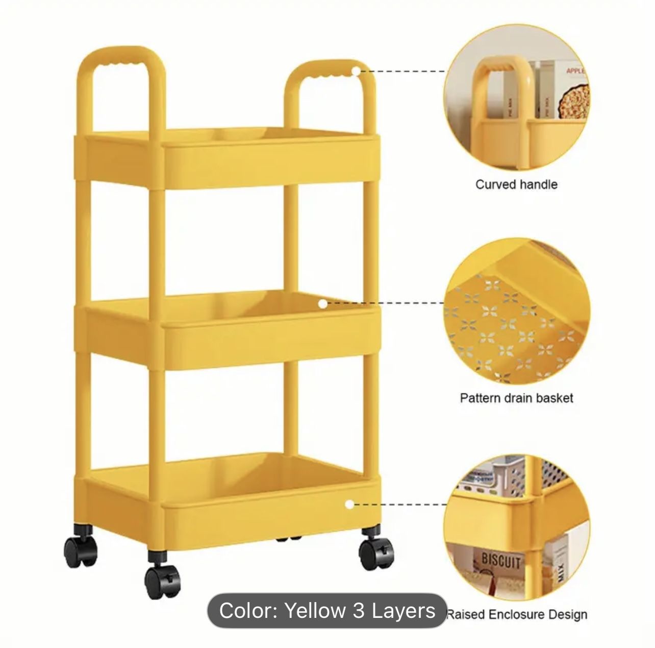 3 Tier Storage Cart With Wheels-yellow Color