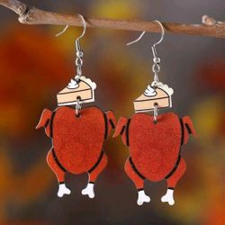 Vintage Thanksgiving Turkey & Pumpkin Pie Earrings - Double-Sided Wooden