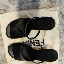 FENDI, Leather Metallic-Heel Slide Sandals, BLACK