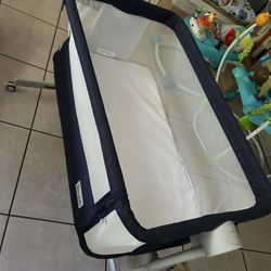Navy Blue Baby Bassinet Bed Side Sleeper - Adjustable With Wheels- Perfect Condition 