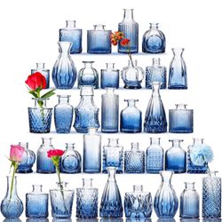 [BRAND NEW] Fixwal 36 Blue Bud Vases Glass Bud Vase Set, Small Vases for Flowers, Bud Vases for Centerpieces Mini Flower Vases in Bulk for Rustic Wedd