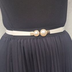 White leather elastic women's skinny stretchy pearls belt gift

