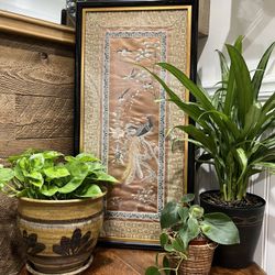 Vintage Peacock Floral Framed Silk Quilted Asian Embroidered Fabric Lacquer Style Frame Gold 