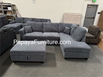 106” Dark Gray Reversible Chaise Sectional Sofa And Storage Ottoman, Sectional With USB PORT Charger, Corduroy Fabric L-shaped Modern Living Room Set