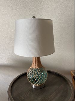 Beautiful Coastal Glass & Rattan Table Lamp – Dual Lighting Feature –