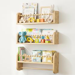 SAG's store Floating Nursery Shelves - Set of 3 Natural Wood Wall-Mounted Bookshelves for Kids Room, Baby Room, Nursery Decor - 15.7" Wide, Solid Wood