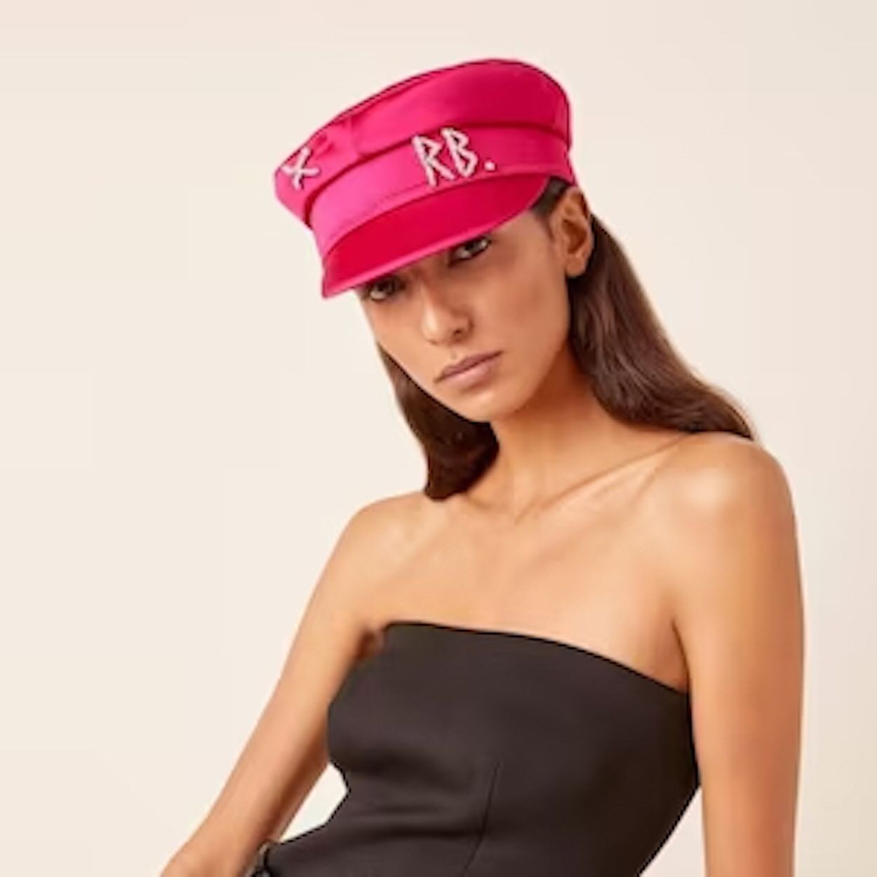 RB Hat Swarovski Off White Crystal Luxury Tears Satin Hot Fuchsia Cap Paris Designer Ami Ruslan Sexy Pink Spider Denim