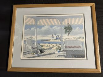 Victorian Summer 191/295 George K Ralph Beach, Water, Cat, Birds Framed Art