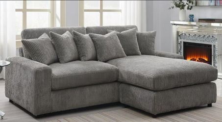 Brand New Grey Super Plush Corduroy Sectional Sofa (Pillows Included)