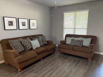 Brown Fabric 3-Seat Sofa and Loveseat with Wood Legs