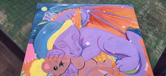 Spyro cuddling with teddy bear painting