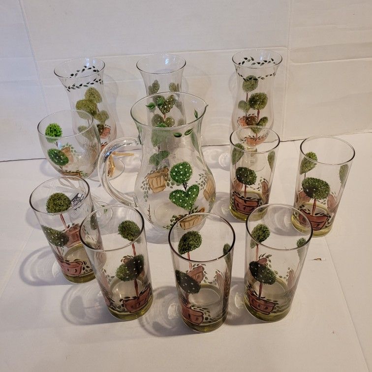 Drinking Glasses Pitcher Garden Topiary Hand Painted Home Decor