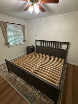 King size grey wooden bed frame w/ drawers: IKEA HEMNES