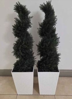 *** JUST REDUCED *** PAIR of 3ft Faux Cedar Spirals in 16in White (Rattan) Planters (2 for $90) @ Lasting Creations
