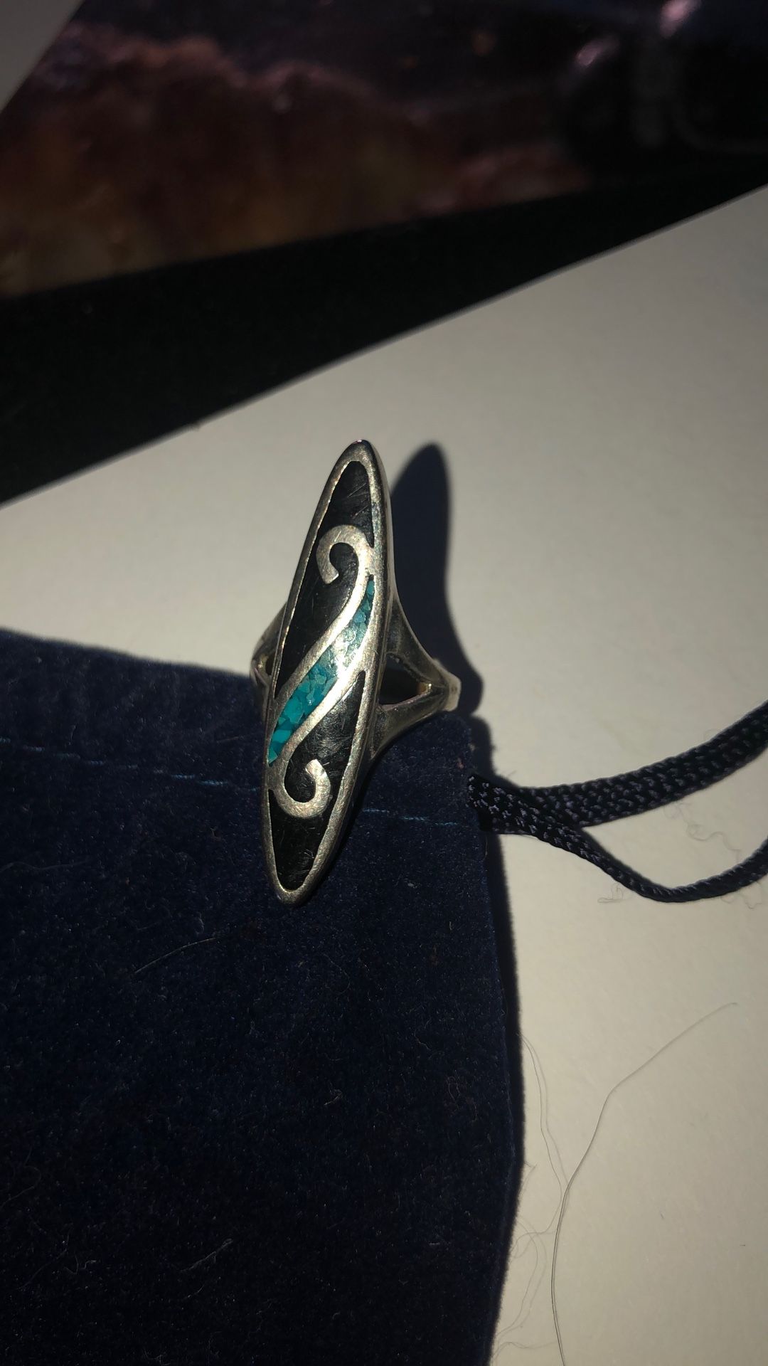 Native American Style Silver Ring With Blackstone And Turquoise Chip Inlay 