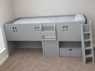 Gray Kids Twin Loft Bed with Storage