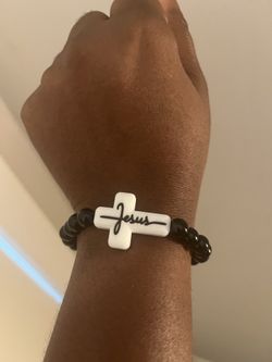 Black Beaded Cross Bracelet with Jesus Charm – Handmade Christian Stretch Bracelet