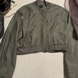 New Womens Large Green Faux Leather Cropped Jacket 