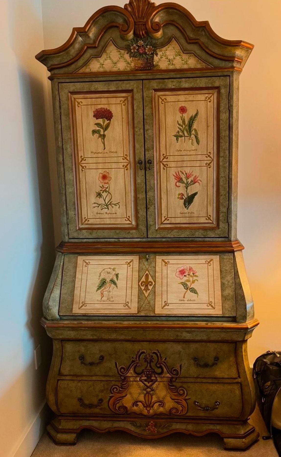 HAND PAINTED SECRETARY DESK, FRONT WITH BOOKCASE HUTCH, DRAWERS