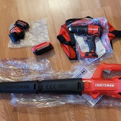 New Craftsman V20 Brushless Cordless 1/2" Hammer Drill, Leaf Blower,  2ah Battery and Battery Charger 