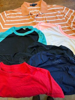 One Ralph Lauren polo XL and four medium never worn fruit of loom two baseball jammie shirts