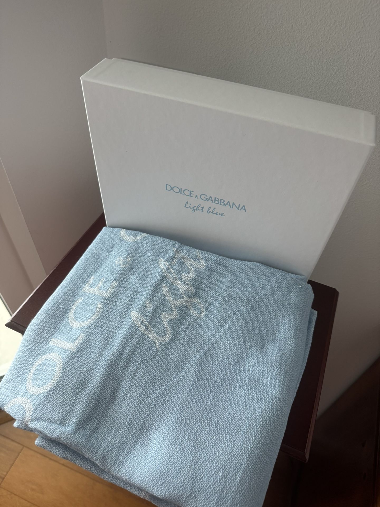 Dolce and Gabbana made in Spain Light Blue cotton Beach Towel unisex Brand new in box