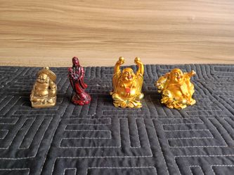 Set of 4 laughing Buddha statues, gold and red