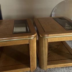 2 Solid oak End Tables With Beveled Glass