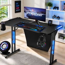 New GTRACING Gaming Desk, Led Lighting Computer Racing Style Gaming Table, Professional T-Shaped Carbon Fiber Surface Gaming Table with Cup Holder, He