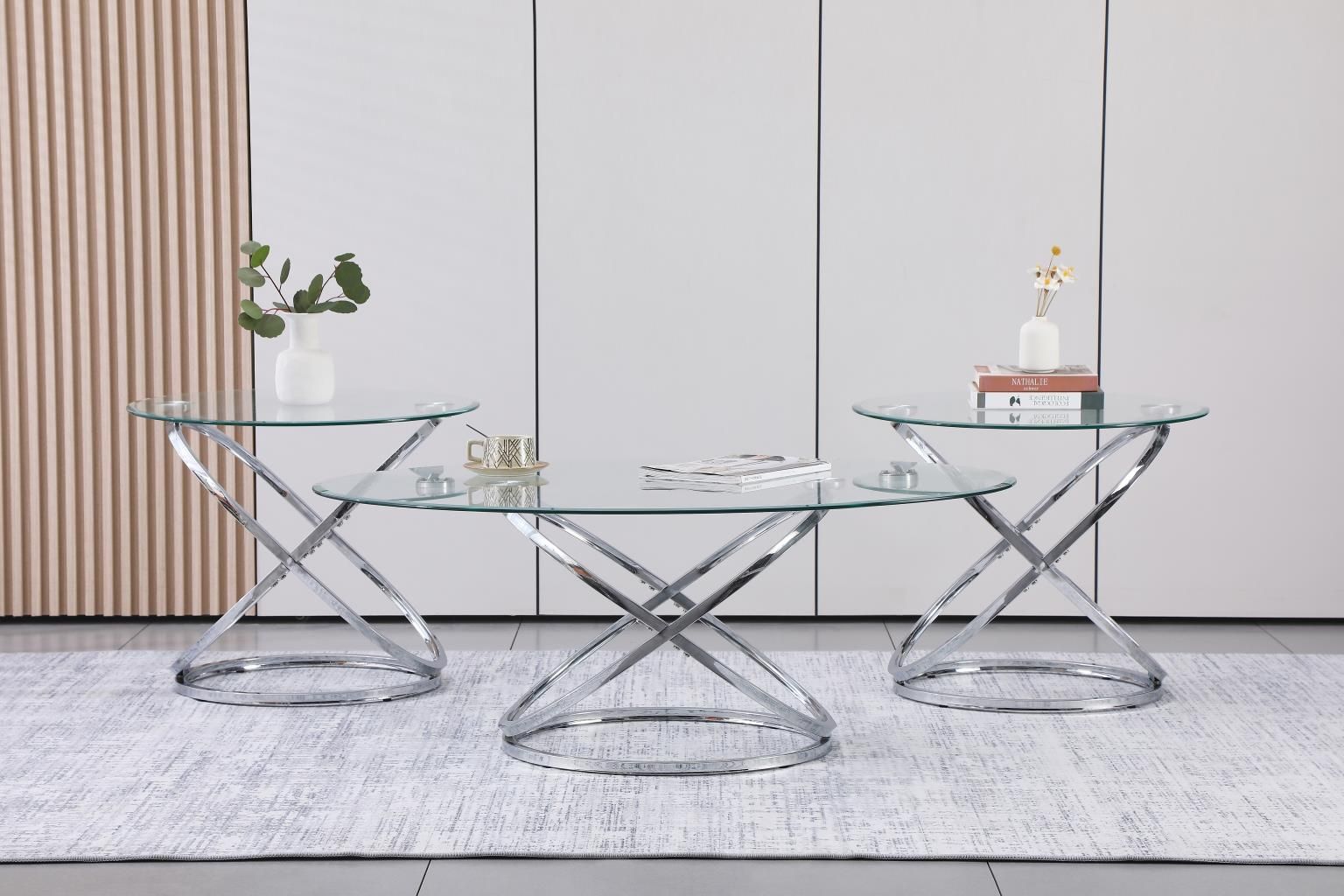3PC Silver Metal/Glass Top Living Room Table Set