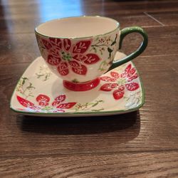 Dutch Wax Happy Holidays Red Green Poinsettias Hand Painted 2 piece Stoneware set, Footed Coffee Mug cup and Soup & Sandwitch set , good condition 
