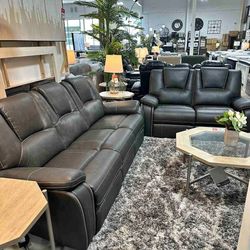 2 Pieces Black Breathable Air Leather Manual Recliner Sofa Set