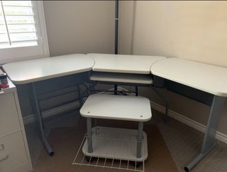 Grey Corner Desk With Mobile Printer Stand