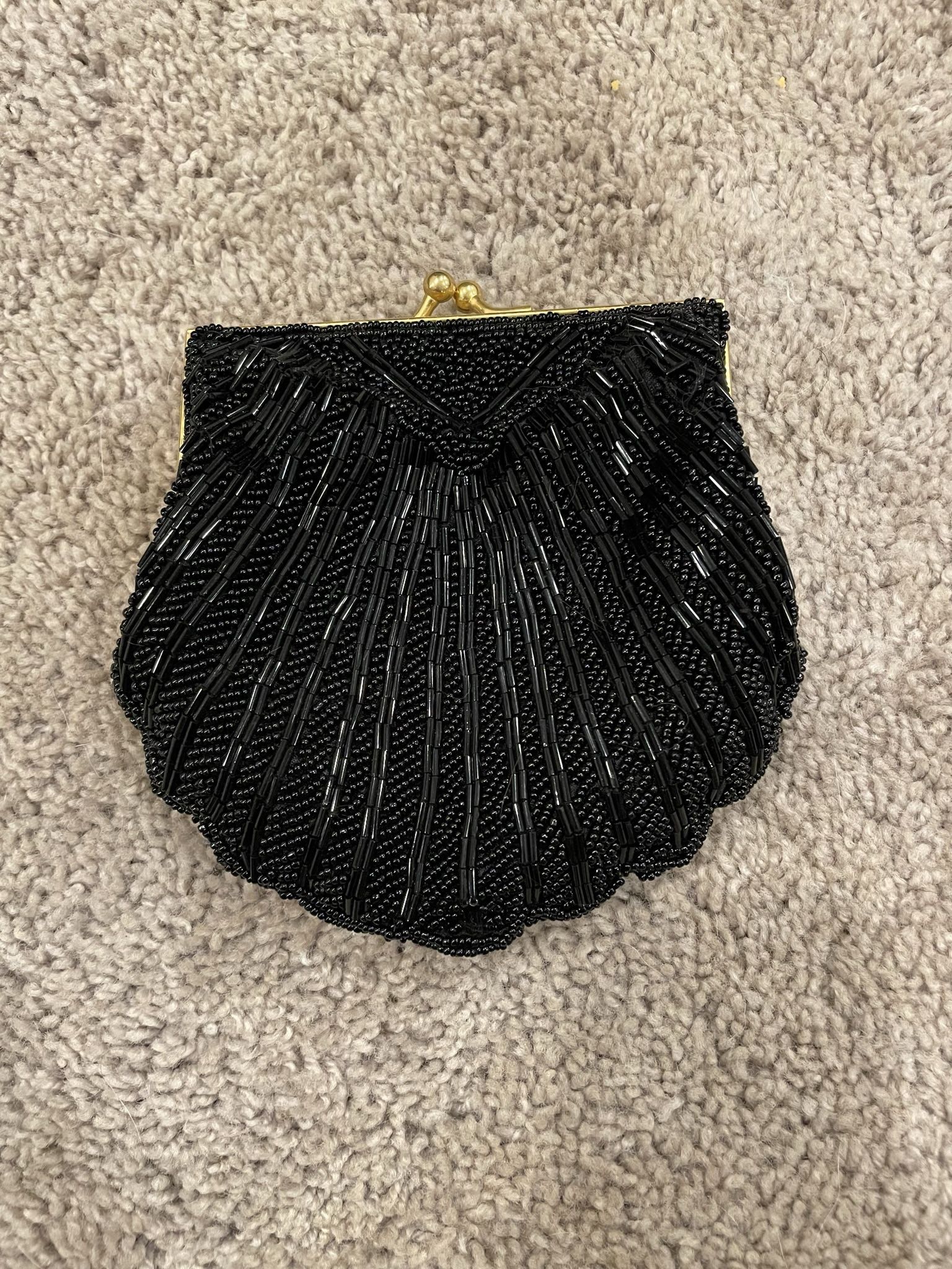 Solid Black Beaded Crossbody Shell Coin Purse Bag with Gold Chain Strap & Mirror