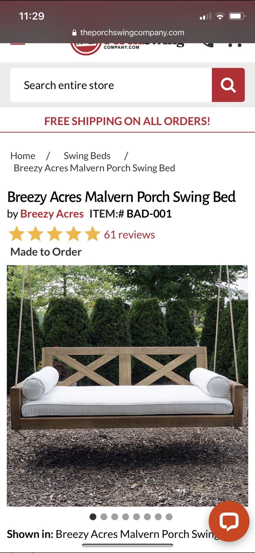 Porch Swing ( Cushions Not Included)
