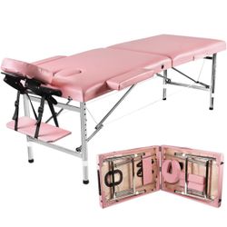 Portable Massage Bed, Foldable Height Adjustable Lash Table for Salon & Spa, PU Leather Facial Tattoo Massage Bed, Lightweight & Stable — Pink